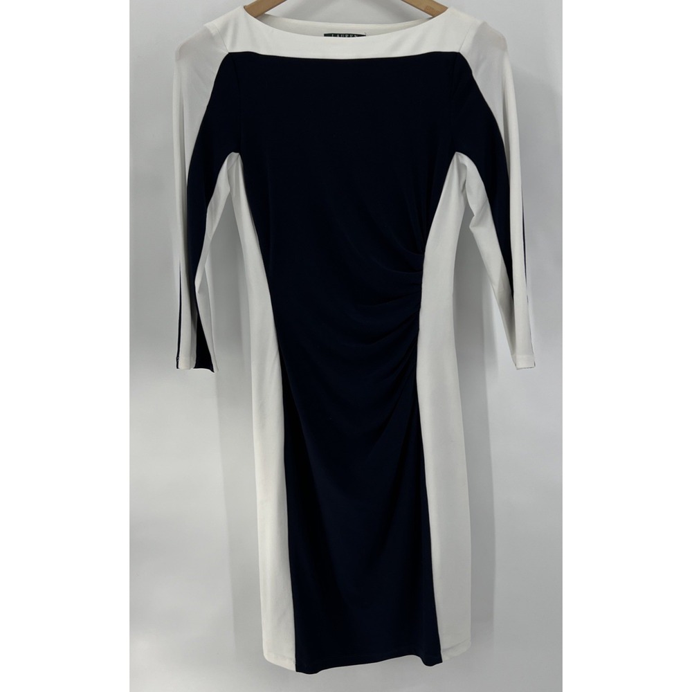 Lauren‎ Ralph Lauren Slimming Colorblock Ruched Sheath 2 Dress Quiet Lux Blue Wh